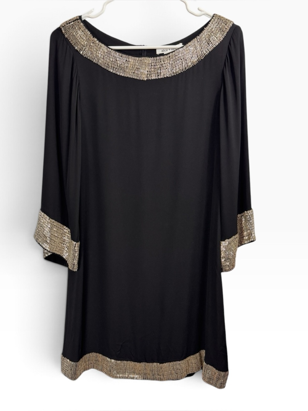 Alice + Olivia Black Silk Beaded Trim Long Sleeve Shift Mini Dress Sz Medium
